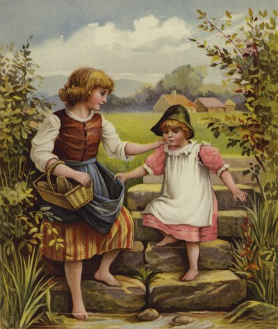 A Girl Helping a Little Girl Down the Steps to a Stream by English School